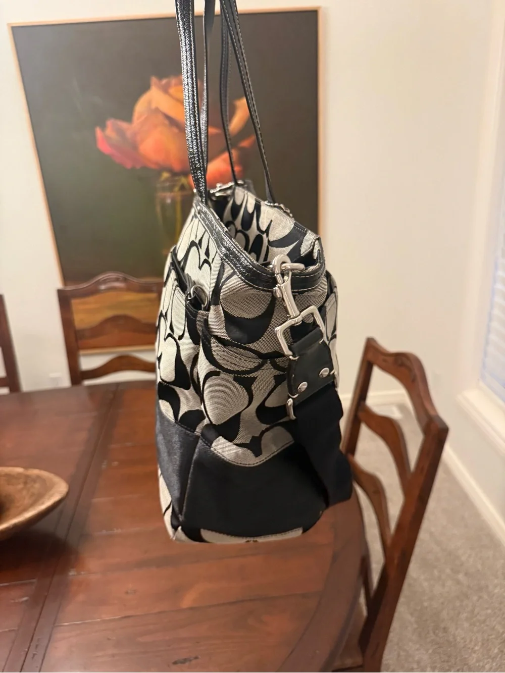 Coach Black and Cream Signature Canvas Tote with Tag and Medallion